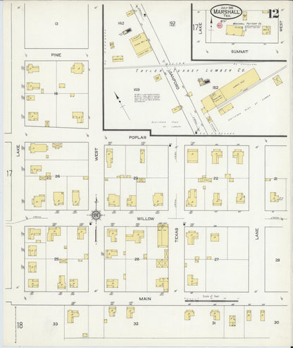 Sanborn Fire Insurance Map from Marshall, Harrison County, Texas (1915), Sheet #0012 - Complete Map Set gallery image, historic Sanborn map, vintage wall art, Texas Texas