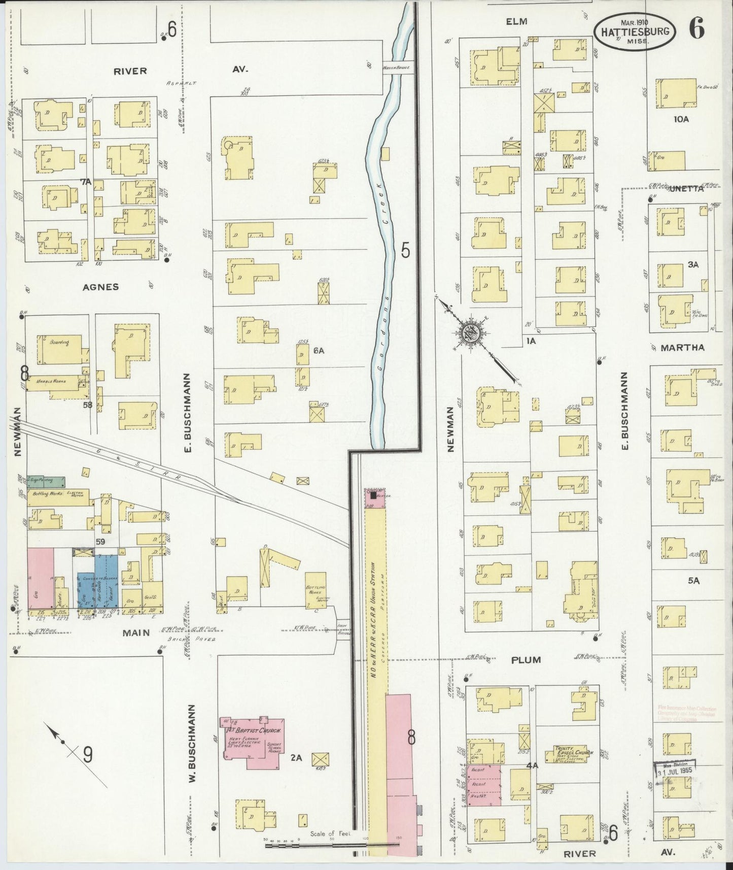 Sanborn Fire Insurance Map from Hattiesburg, Forrest County, Mississippi (1910), Sheet #0006 - Historic Sanborn Fire Insurance Map Print, vintage old map wall art, antique decor, genealogy gift, Mississippi Mississippi map