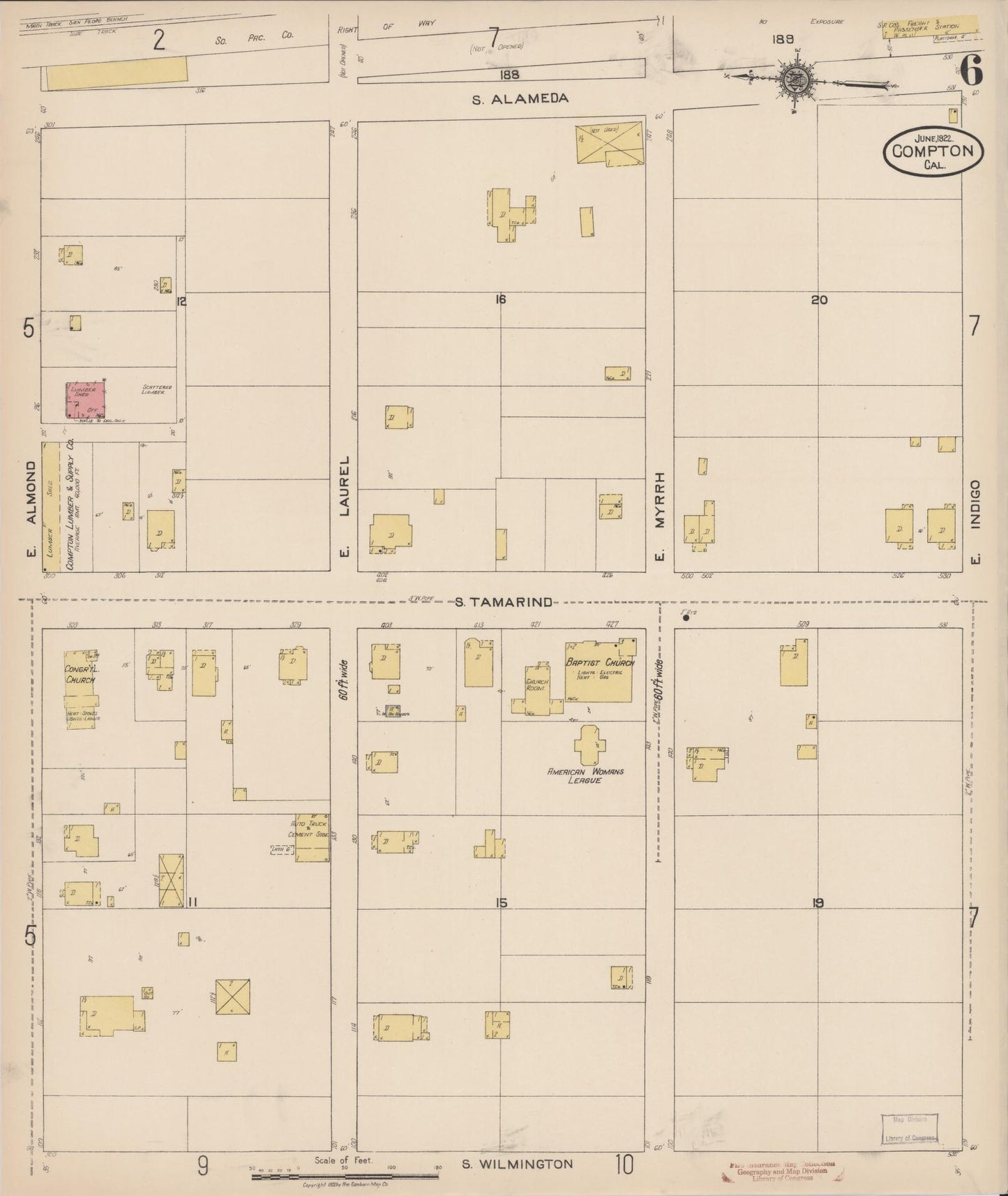 Sanborn Fire Insurance Map from Compton, Los Angeles County, California (1922), Sheet #0006 - Complete Map Set gallery image, historic Sanborn map, vintage wall art, California California