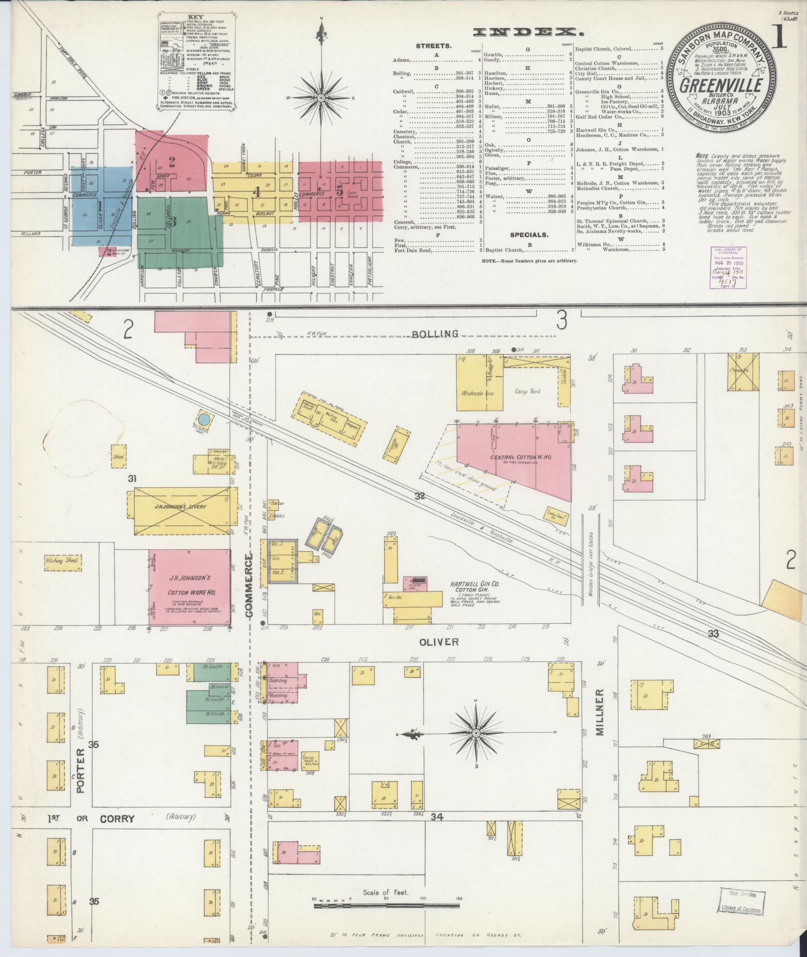 Sanborn Fire Insurance Map from Greenville, Butler County, Alabama (1903), Sheet #0001 - Historic Sanborn Fire Insurance Map Print, vintage old map wall art, antique decor, genealogy gift, Alabama Alabama map