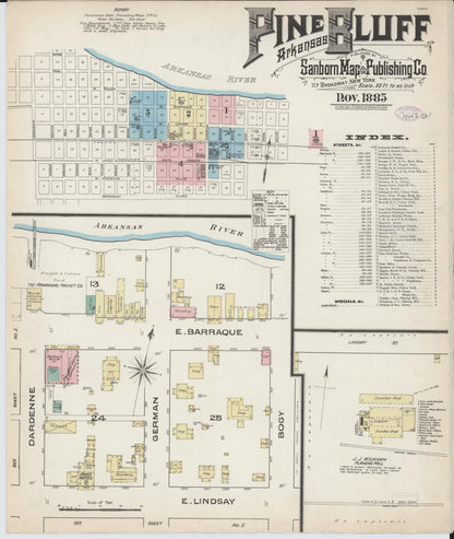 Sanborn Fire Insurance Map from Pine Bluff, Jefferson County, Arkansas (1885), Sheet #0001 - Complete Map Set gallery image, historic Sanborn map, vintage wall art, Arkansas Arkansas