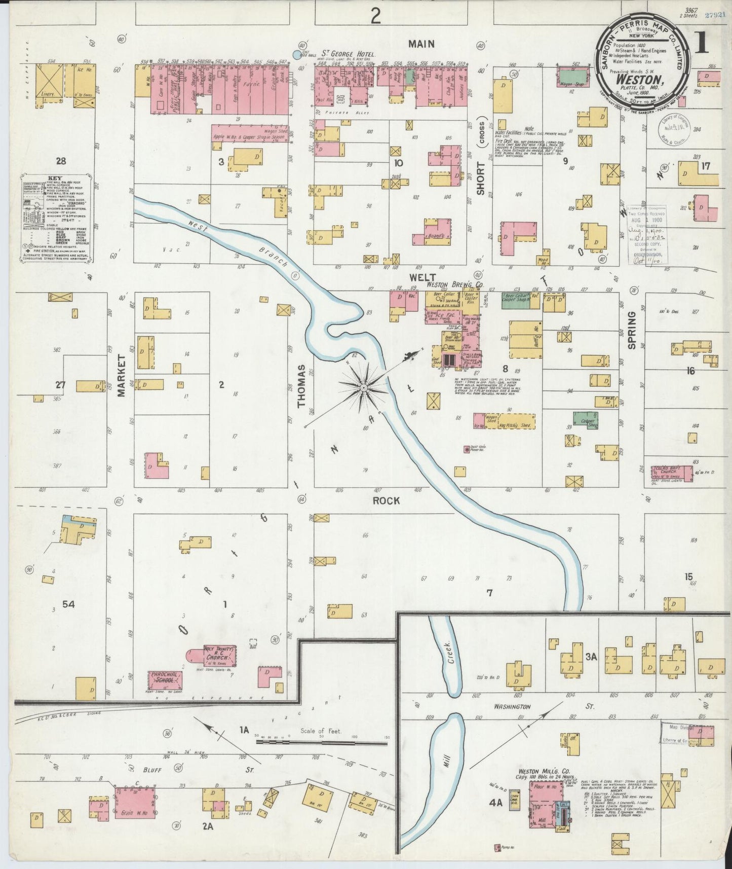 Sanborn Fire Insurance Map from Weston, Platte County, Missouri (1900), Sheet #0001 - Historic Sanborn Fire Insurance Map Print, vintage old map wall art, antique decor, genealogy gift, Missouri Missouri map