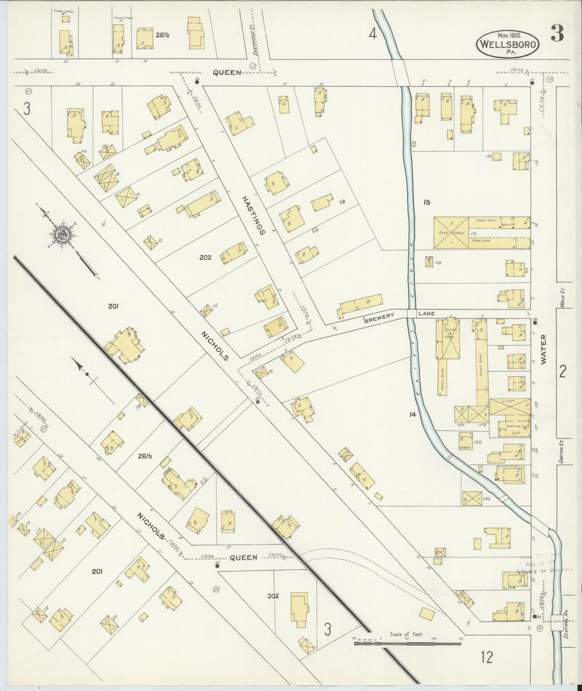 Sanborn Fire Insurance Map from Wellsboro, Tioga County, Pennsylvania (1910), Sheet #0003 - Historic Sanborn Fire Insurance Map Print, vintage old map wall art, antique decor, genealogy gift, Pennsylvania Pennsylvania map