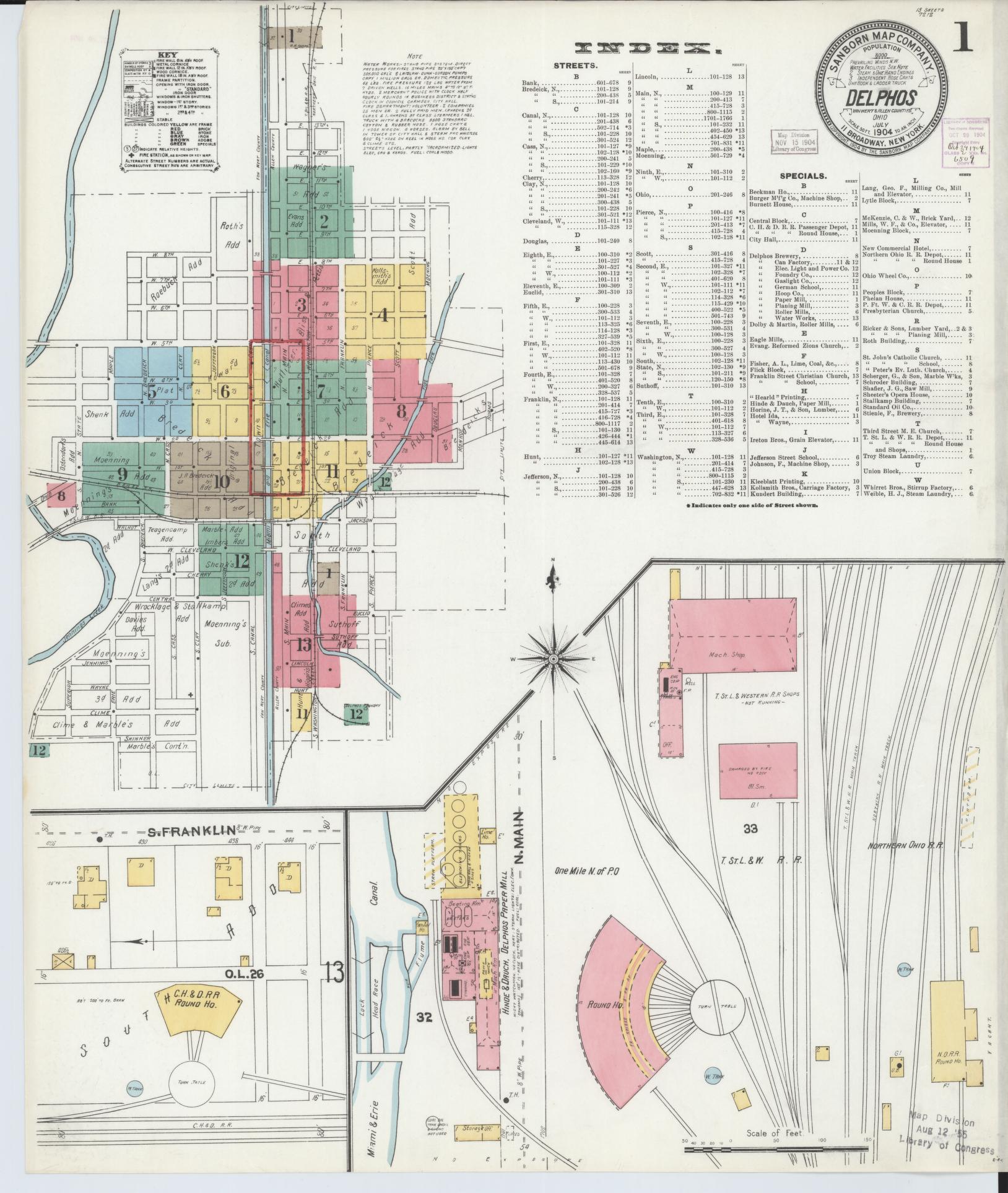 Sanborn Fire Insurance Map from Delphos, Van Wert And Allen Counties, Ohio (1904), Sheet #0001 - Historic Sanborn Fire Insurance Map Print, vintage old map wall art, antique decor, genealogy gift, Ohio Ohio map