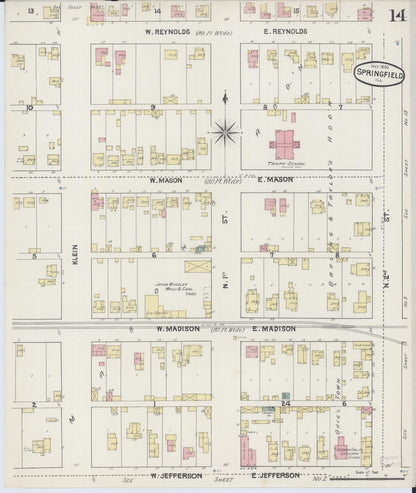 Sanborn Fire Insurance Map from Springfield, Sangamon County, Illinois (1890), Sheet #0014 - Historic Sanborn Fire Insurance Map Print, vintage old map wall art, antique decor, genealogy gift, Illinois Illinois map