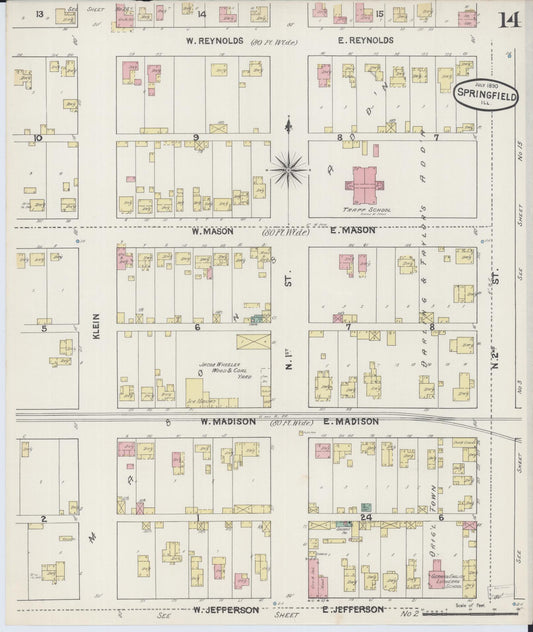 Sanborn Fire Insurance Map from Springfield, Sangamon County, Illinois (1890), Sheet #0014 - Historic Sanborn Fire Insurance Map Print, vintage old map wall art, antique decor, genealogy gift, Illinois Illinois map
