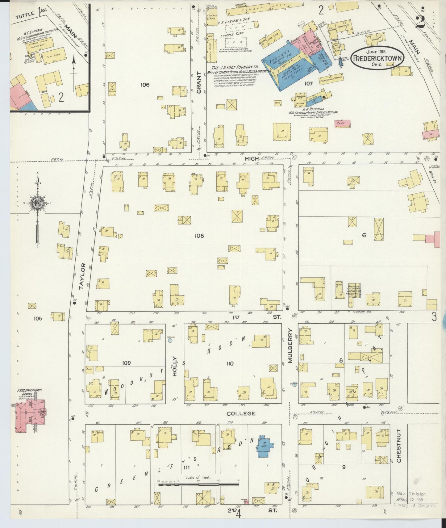 Sanborn Fire Insurance Map from Fredericktown, Knox County, Ohio (1915), Sheet #0002 - Historic Sanborn Fire Insurance Map Print, vintage old map wall art, antique decor, genealogy gift, Ohio Ohio map