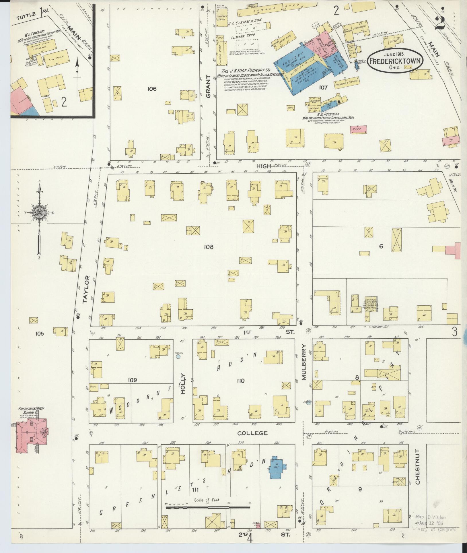Sanborn Fire Insurance Map from Fredericktown, Knox County, Ohio (1915), Sheet #0002 - Historic Sanborn Fire Insurance Map Print, vintage old map wall art, antique decor, genealogy gift, Ohio Ohio map