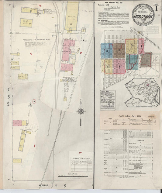 Sanborn Fire Insurance Map from Midlothian, Ellis County, Texas (1944), Sheet #0001 - Historic Sanborn Fire Insurance Map Print, vintage old map wall art, antique decor, genealogy gift, Texas Texas map