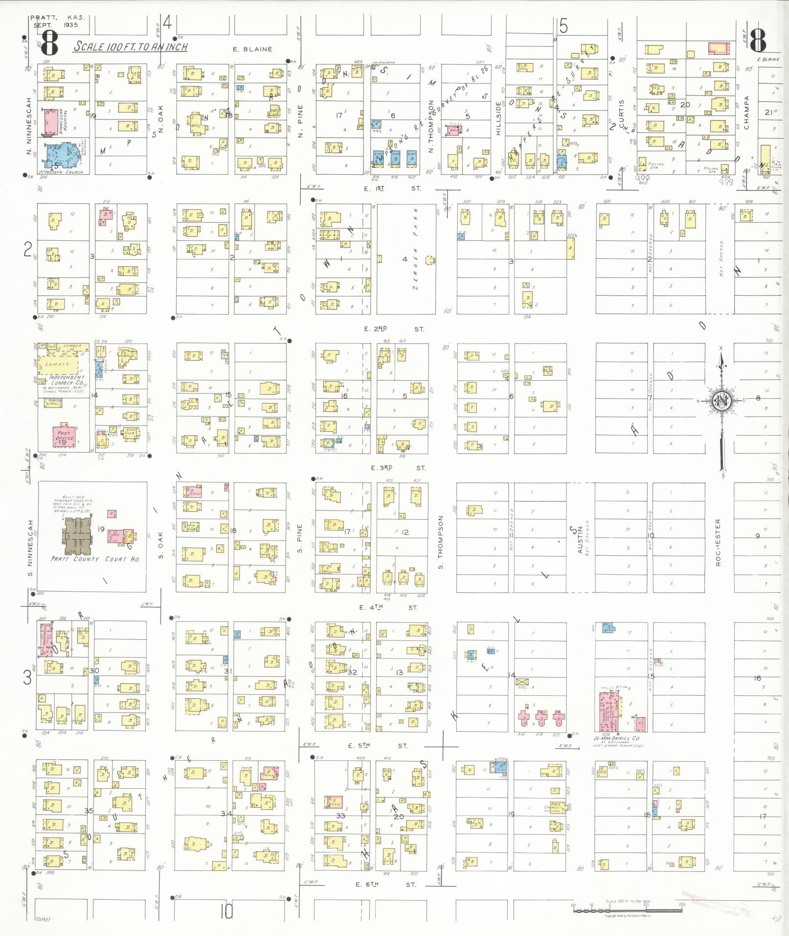 Sanborn Fire Insurance Map from Pratt, Pratt County, Kansas (1935), Sheet #0008 - Complete Map Set gallery image, historic Sanborn map, vintage wall art, Kansas Kansas