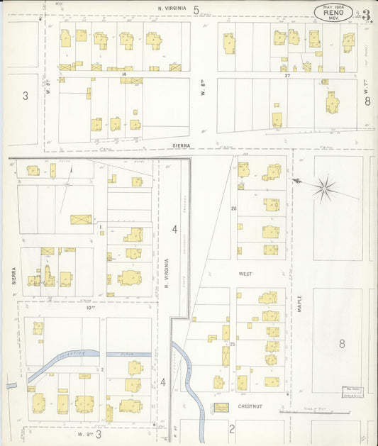 Sanborn Fire Insurance Map from Reno, Washoe County, Nevada (1904), Sheet #0003 - Historic Sanborn Fire Insurance Map Print, vintage old map wall art, antique decor, genealogy gift, Nevada Nevada map