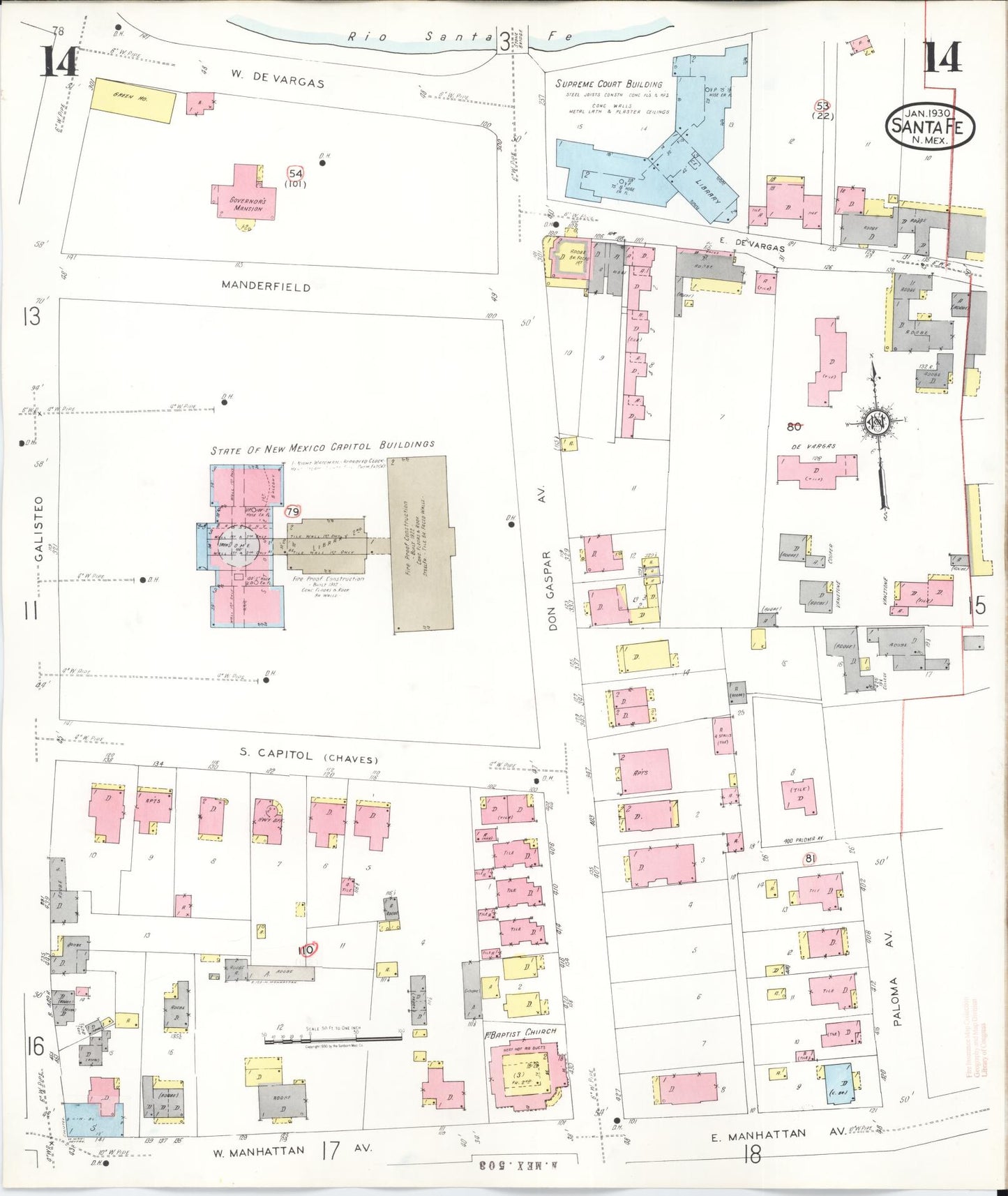 Sanborn Fire Insurance Map from Santa Fe, Santa Fe County, New Mexico (1948), Sheet #0014 - Complete Map Set gallery image, historic Sanborn map, vintage wall art, New Mexico New Mexico
