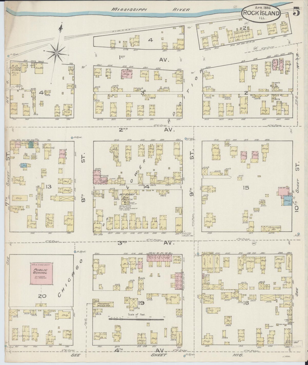 Sanborn Fire Insurance Map from Rock Island, Rock Island County, Illinois (1886), Sheet #0005 - Historic Sanborn Fire Insurance Map Print, vintage old map wall art, antique decor, genealogy gift, Illinois Illinois map