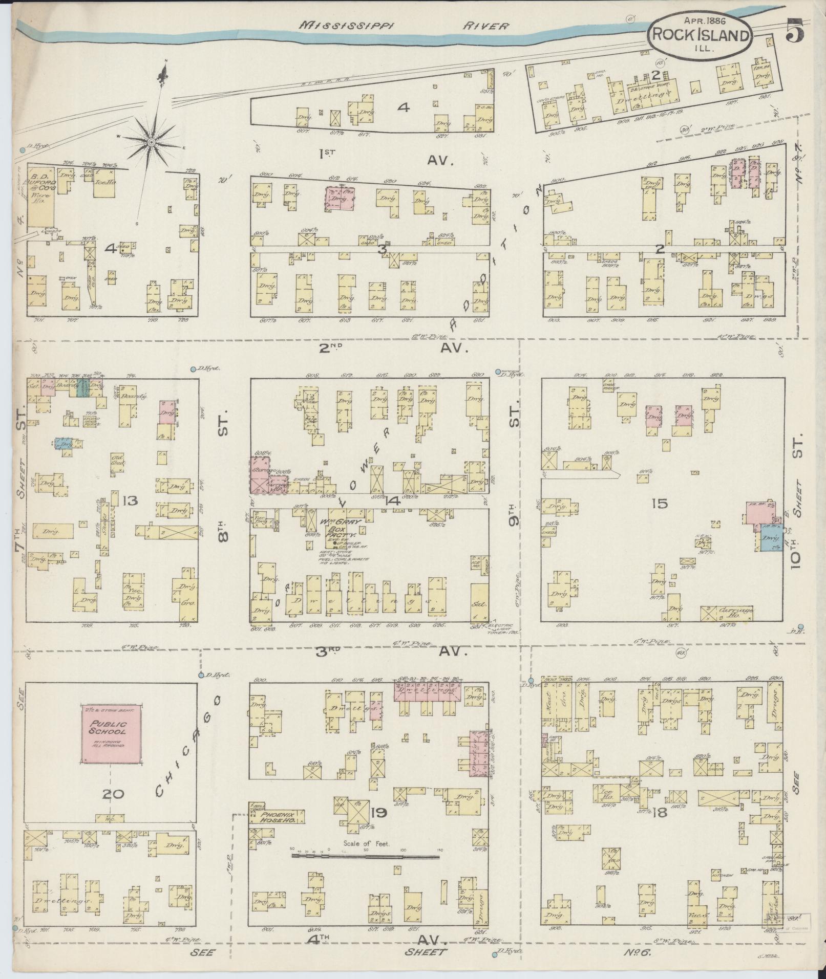 Sanborn Fire Insurance Map from Rock Island, Rock Island County, Illinois (1886), Sheet #0005 - Historic Sanborn Fire Insurance Map Print, vintage old map wall art, antique decor, genealogy gift, Illinois Illinois map