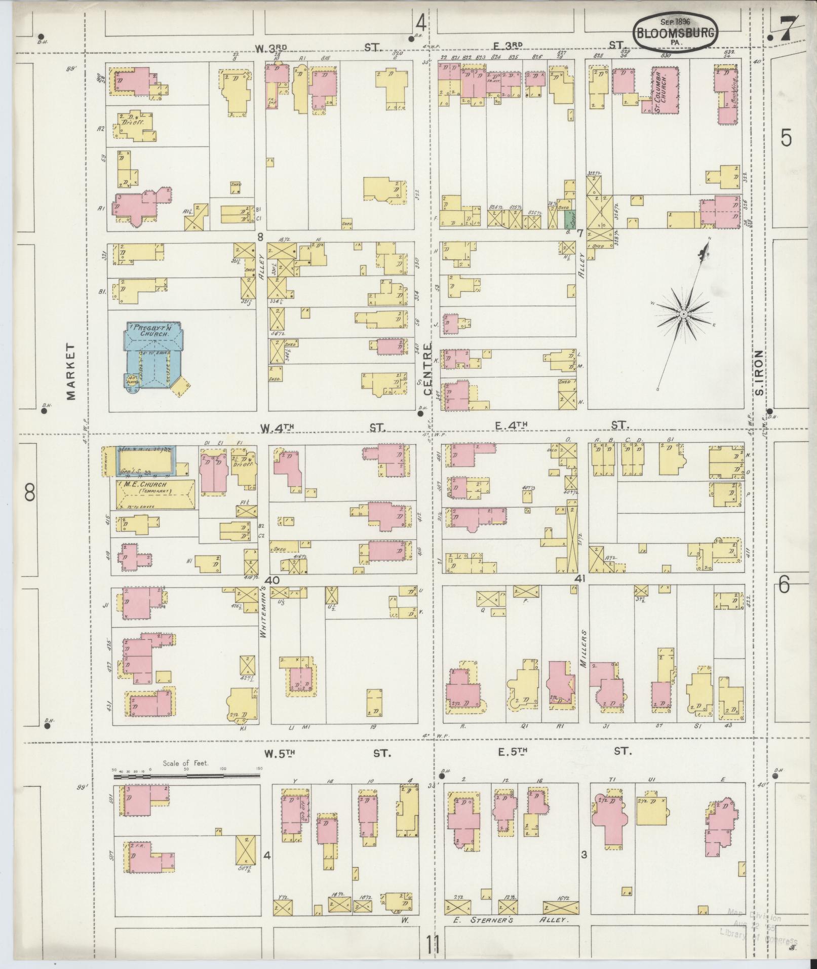Sanborn Fire Insurance Map from Bloomsburg, Columbia County, Pennsylvania (1896), Sheet #0007 - Historic Sanborn Fire Insurance Map Print, vintage old map wall art, antique decor, genealogy gift, Pennsylvania Pennsylvania map