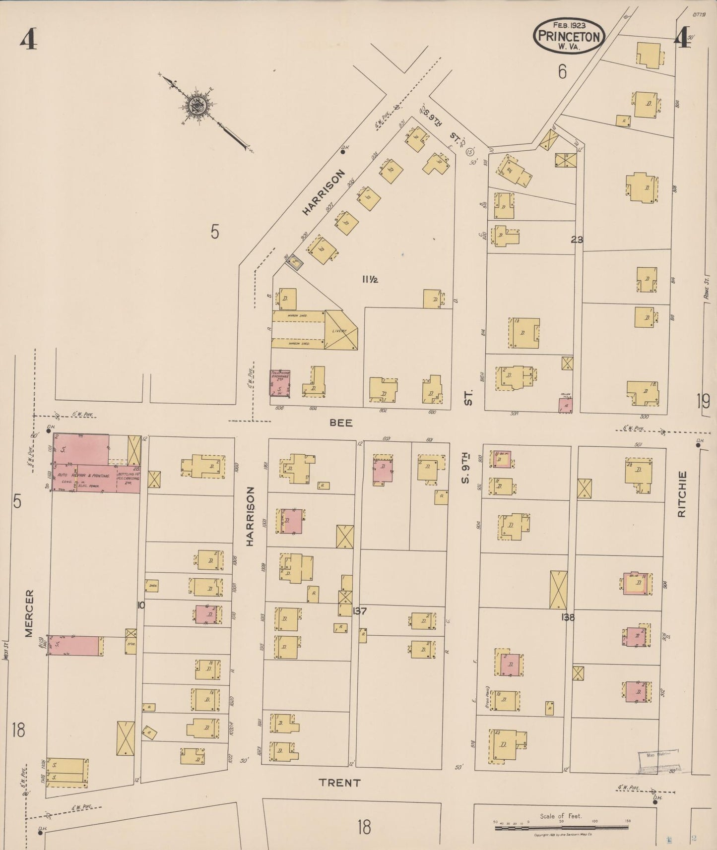Sanborn Fire Insurance Map from Princeton, Mercer County, West Virginia (1923), Sheet #0004 - Complete Map Set gallery image, historic Sanborn map, vintage wall art, West Virginia West Virginia