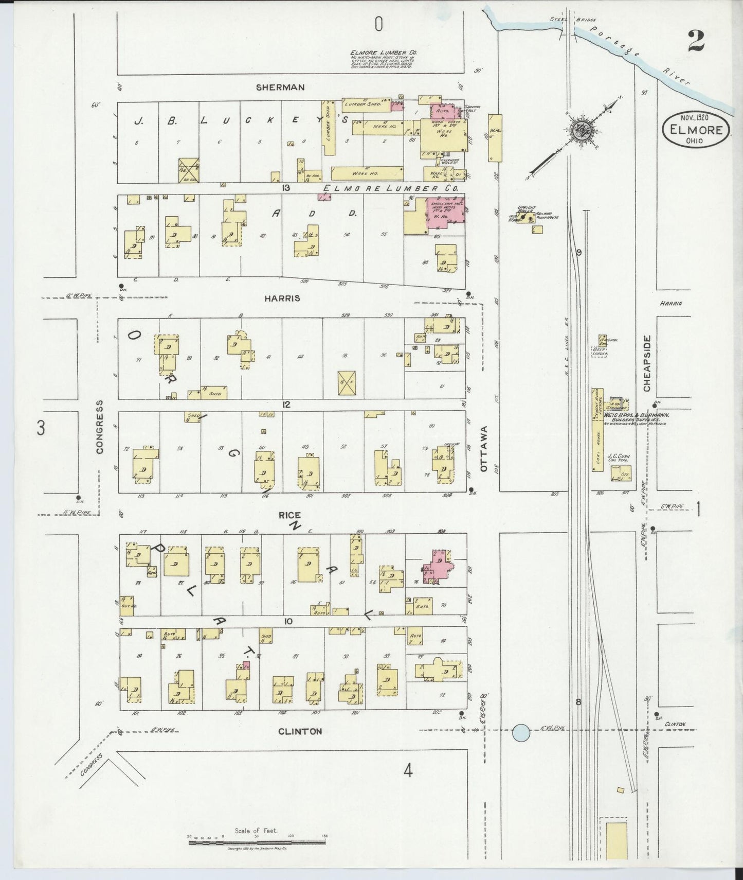 Sanborn Fire Insurance Map from Elmore, Ottawa County, Ohio (1920), Sheet #0002 - Historic Sanborn Fire Insurance Map Print, vintage old map wall art, antique decor, genealogy gift, Ohio Ohio map