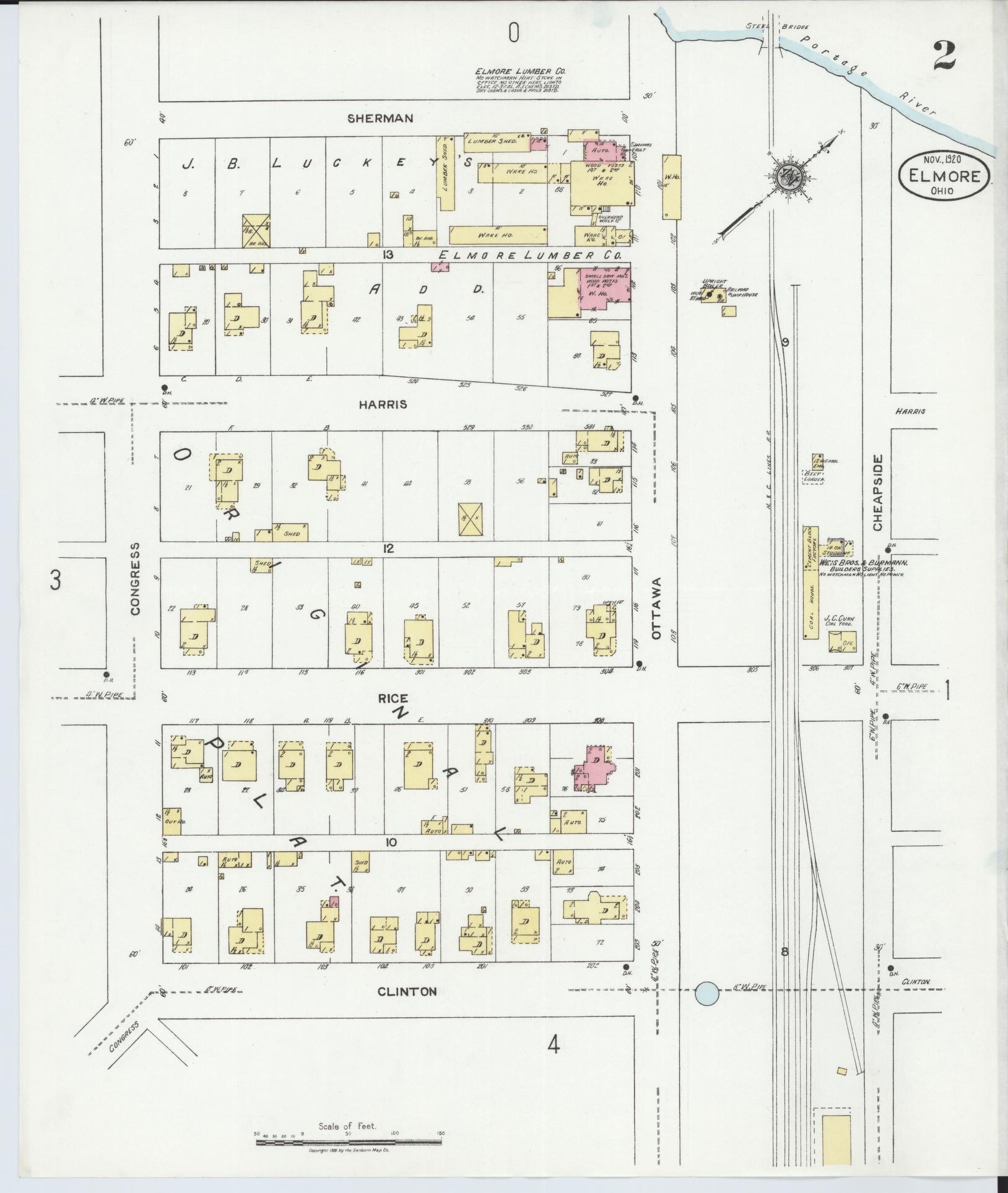 Sanborn Fire Insurance Map from Elmore, Ottawa County, Ohio (1920), Sheet #0002 - Historic Sanborn Fire Insurance Map Print, vintage old map wall art, antique decor, genealogy gift, Ohio Ohio map