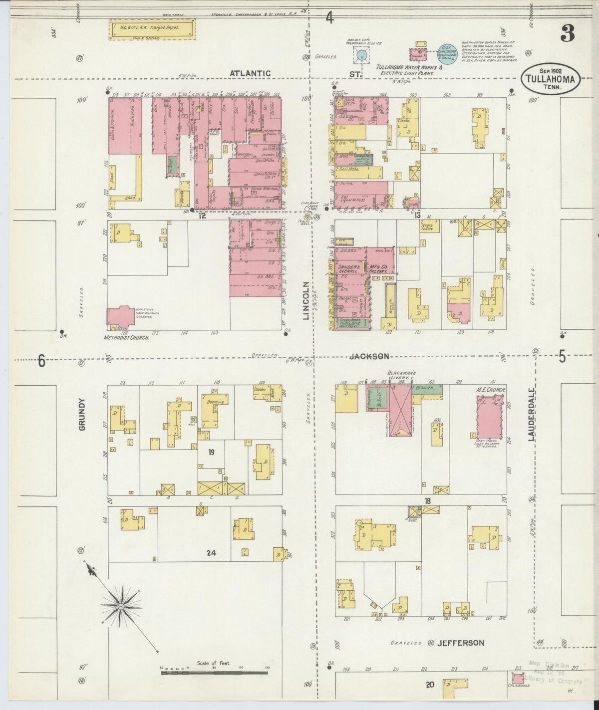 Sanborn Fire Insurance Map from Tullahoma, Coffee County, Tennessee (1902), Sheet #0003 - Historic Sanborn Fire Insurance Map Print, vintage old map wall art, antique decor, genealogy gift, Tennessee Tennessee map