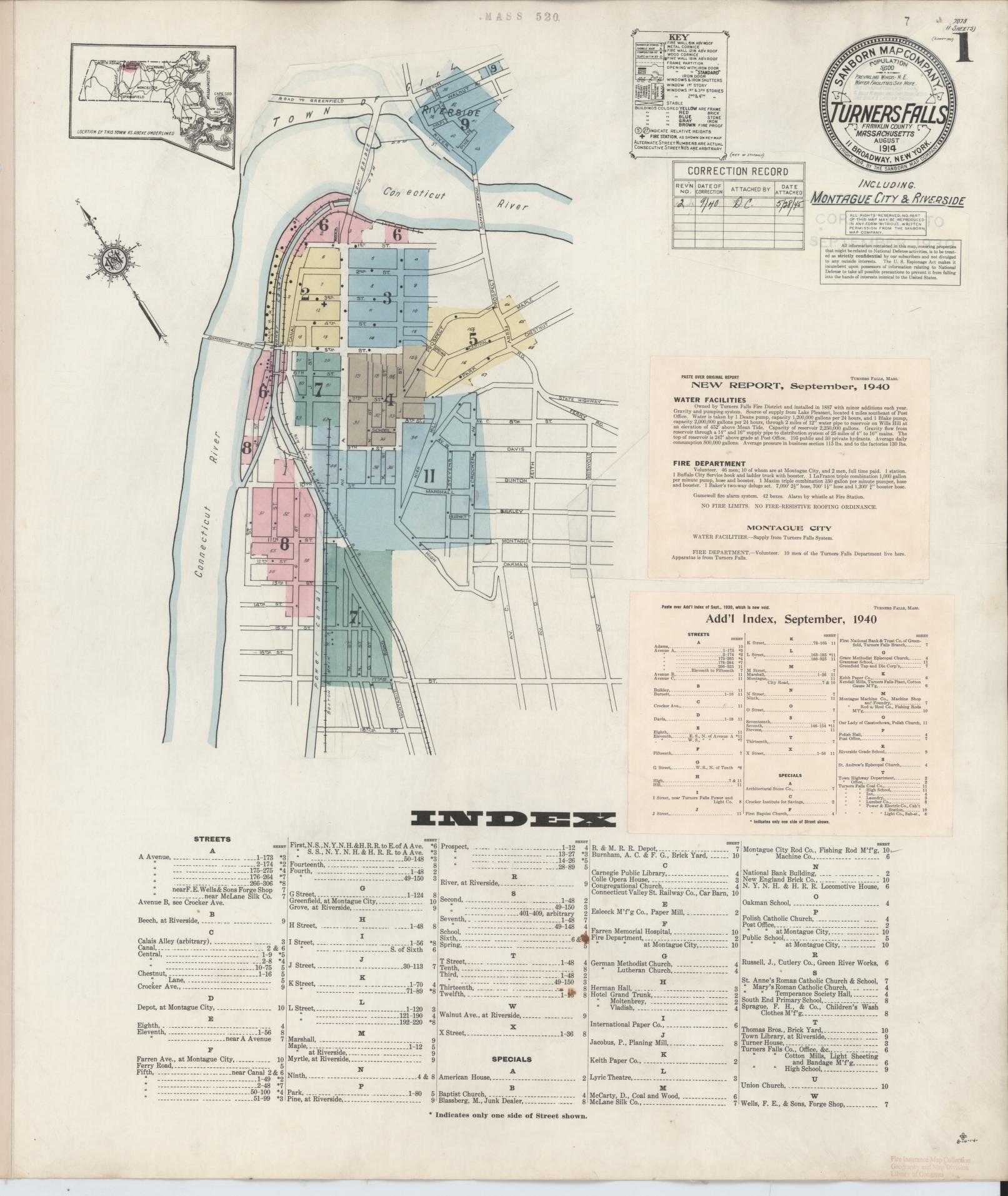 Sanborn Fire Insurance Map from Turners Falls, Franklin County, Massachusetts (1940), Sheet #0001 - Historic Sanborn Fire Insurance Map Print, vintage old map wall art, antique decor, genealogy gift, Massachusetts Massachusetts map