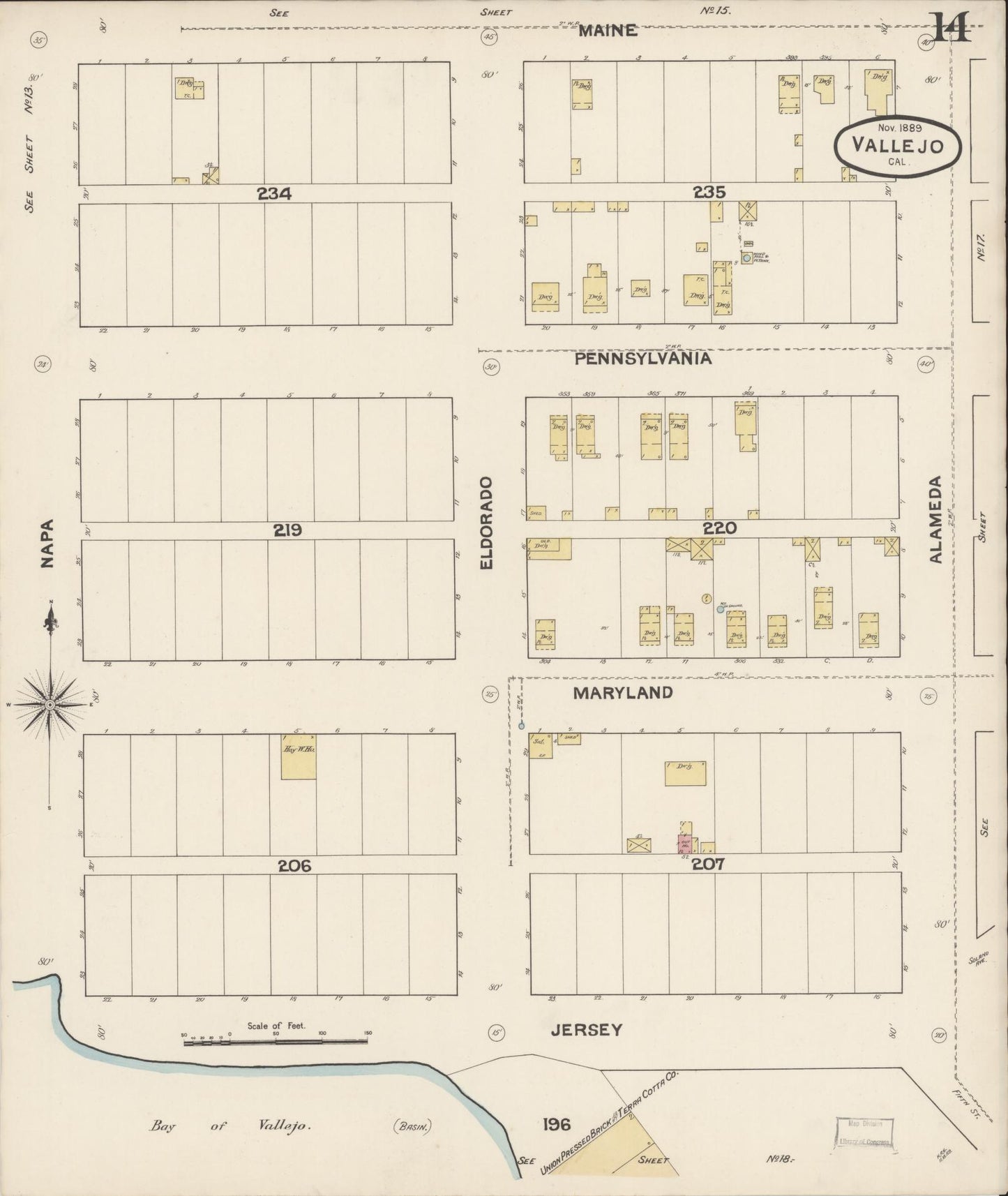 Sanborn Fire Insurance Map from Vallejo, Solano County, California (1889), Sheet #0014 - Complete Map Set gallery image, historic Sanborn map, vintage wall art, California California