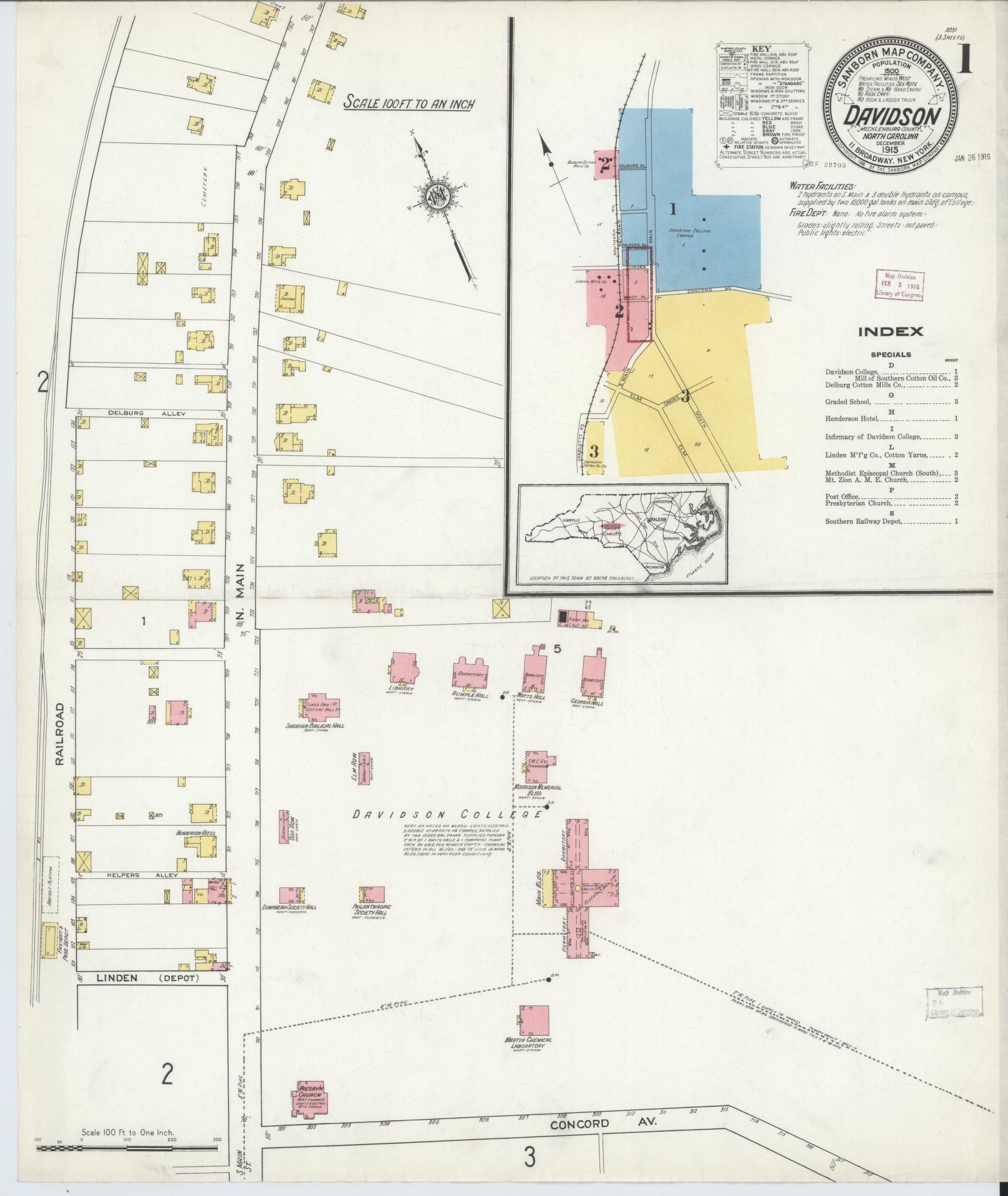 Sanborn Fire Insurance Map from Davidson, Mecklenburg County, North Carolina (1915), Sheet #0001 - Historic Sanborn Fire Insurance Map Print, vintage old map wall art, antique decor, genealogy gift, North Carolina North Carolina map