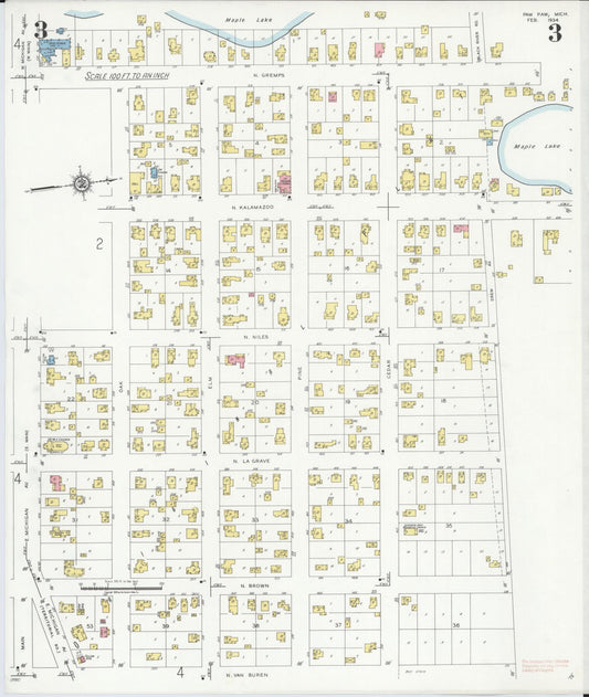 Sanborn Fire Insurance Map from Paw Paw, Van Buren County, Michigan (1934), Sheet #0003 - Historic Sanborn Fire Insurance Map Print, vintage old map wall art, antique decor, genealogy gift, Michigan Michigan map