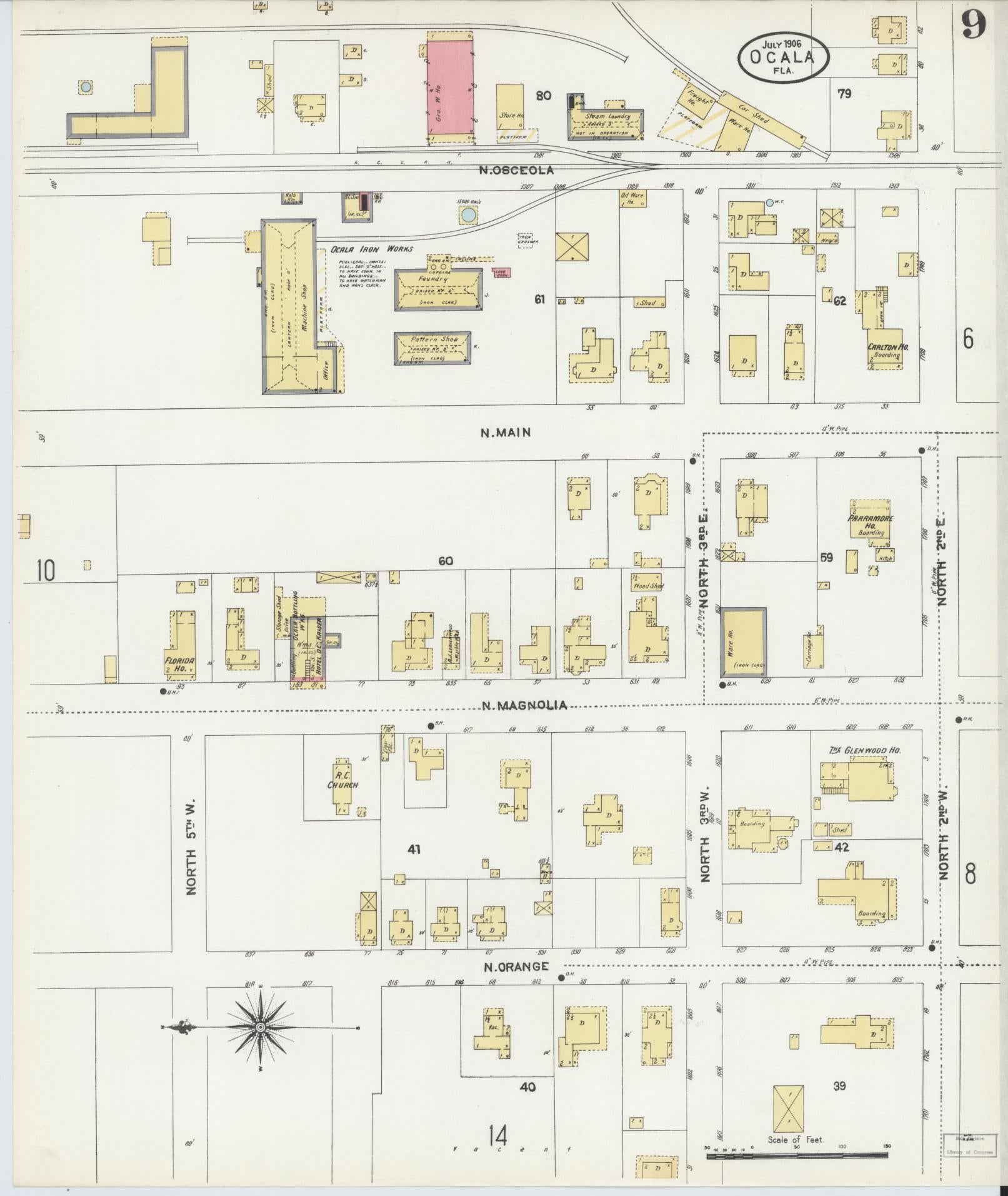 Sanborn Fire Insurance Map from Ocala, Marion County, Florida (1906), Sheet #0009 - Historic Sanborn Fire Insurance Map Print, vintage old map wall art, antique decor, genealogy gift, Florida Florida map