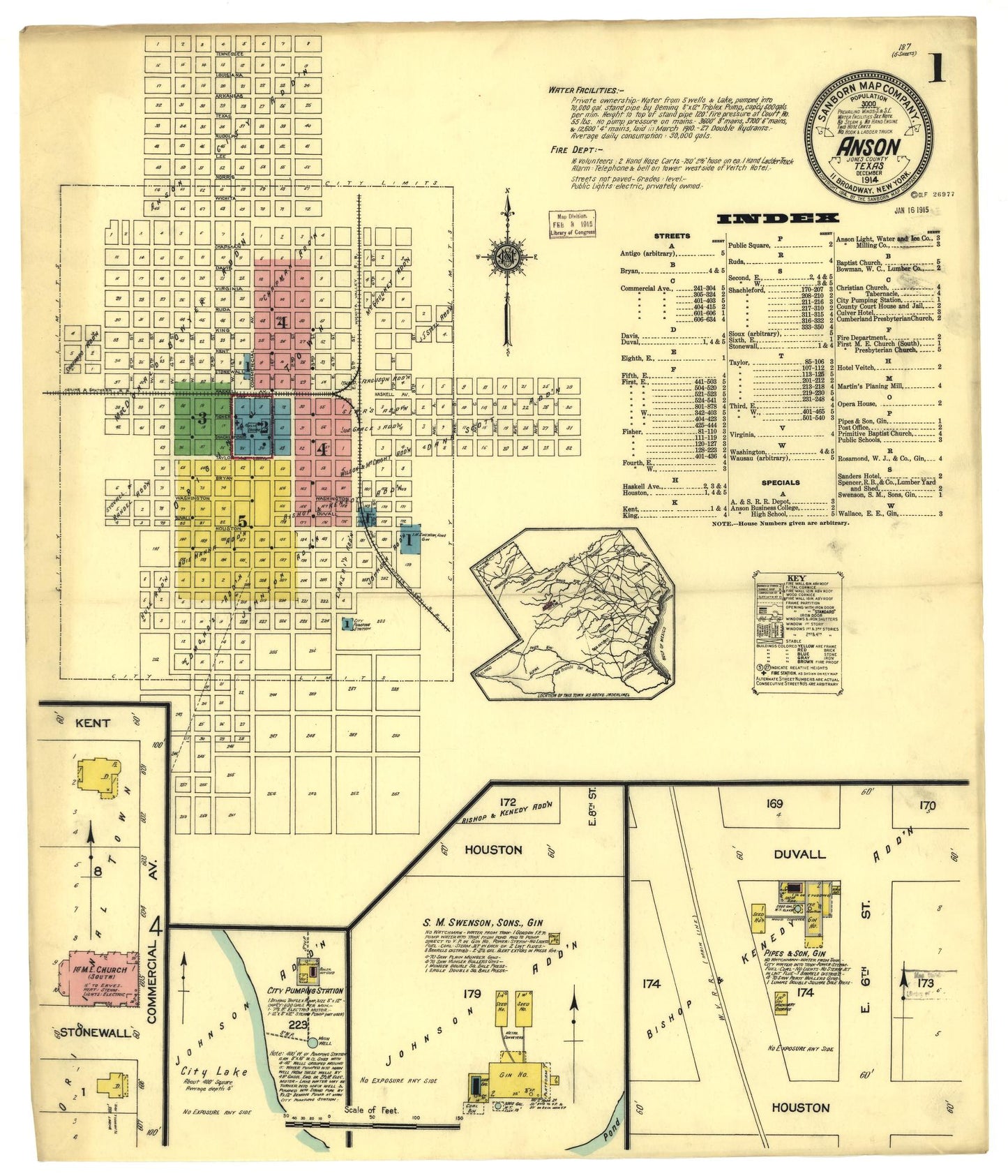 Sanborn Fire Insurance Map from Anson, Jones County, Texas (1914), Sheet #0001 - Historic Sanborn Fire Insurance Map Print, vintage old map wall art, antique decor, genealogy gift, Texas Texas map