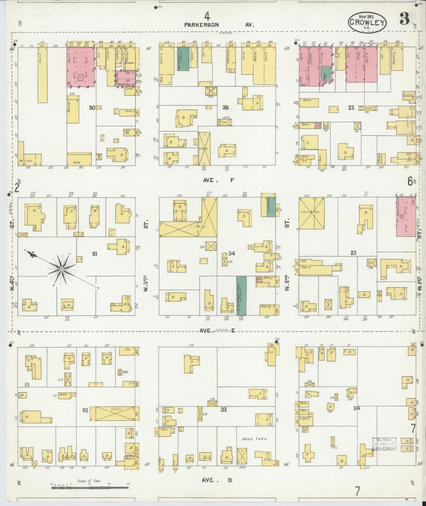 Sanborn Fire Insurance Map from Crowley, Acadia Parish, Louisiana (1902), Sheet #0003 - Complete Map Set gallery image, historic Sanborn map, vintage wall art, Louisiana Louisiana