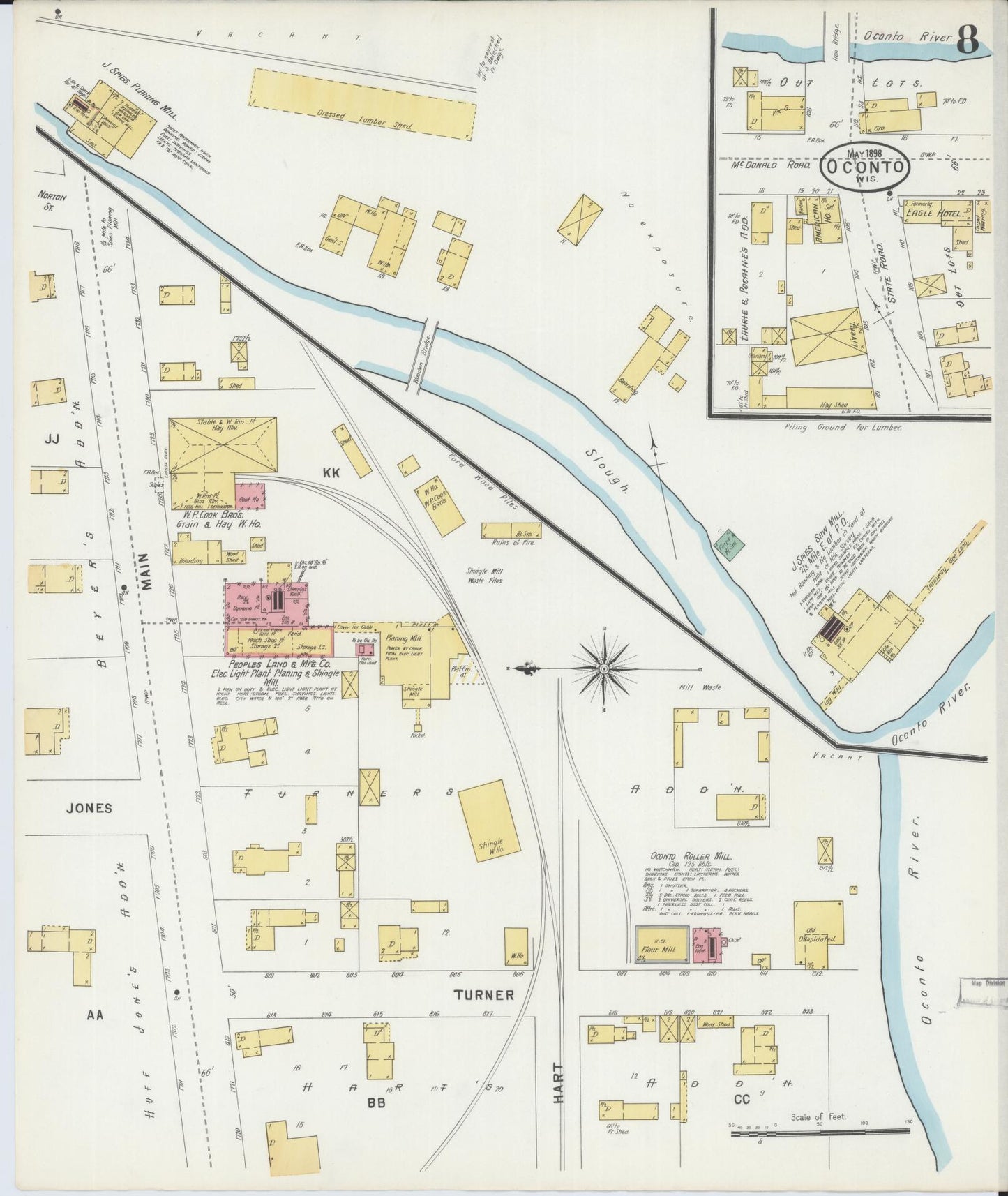 Sanborn Fire Insurance Map from Oconto, Oconto County, Wisconsin (1898), Sheet #0008 - Historic Sanborn Fire Insurance Map Print, vintage old map wall art, antique decor, genealogy gift, Wisconsin Wisconsin map