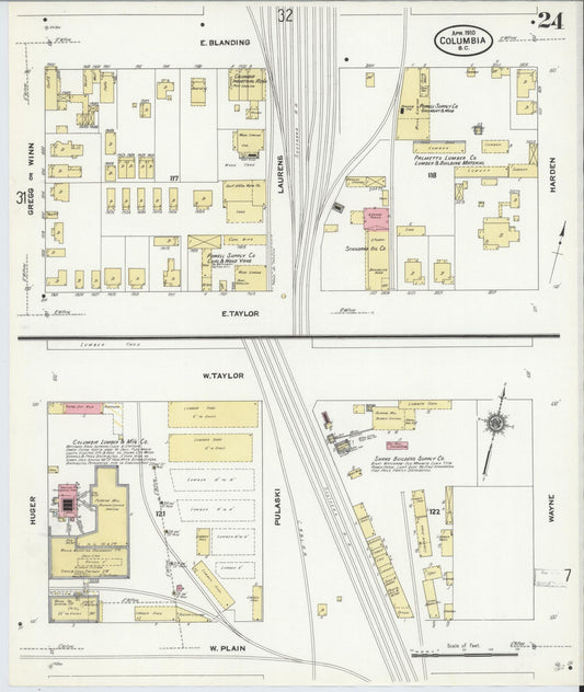 Sanborn Fire Insurance Map from Columbia, Richland County, South Carolina (1910), Sheet #0024 - Historic Sanborn Fire Insurance Map Print, vintage old map wall art, antique decor, genealogy gift, South Carolina South Carolina map