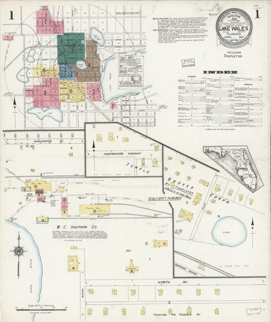 Sanborn Fire Insurance Map from Lake Wales, Polk County, Florida (1924), Sheet #0001 - Complete Map Set gallery image, historic Sanborn map, vintage wall art, Florida Florida