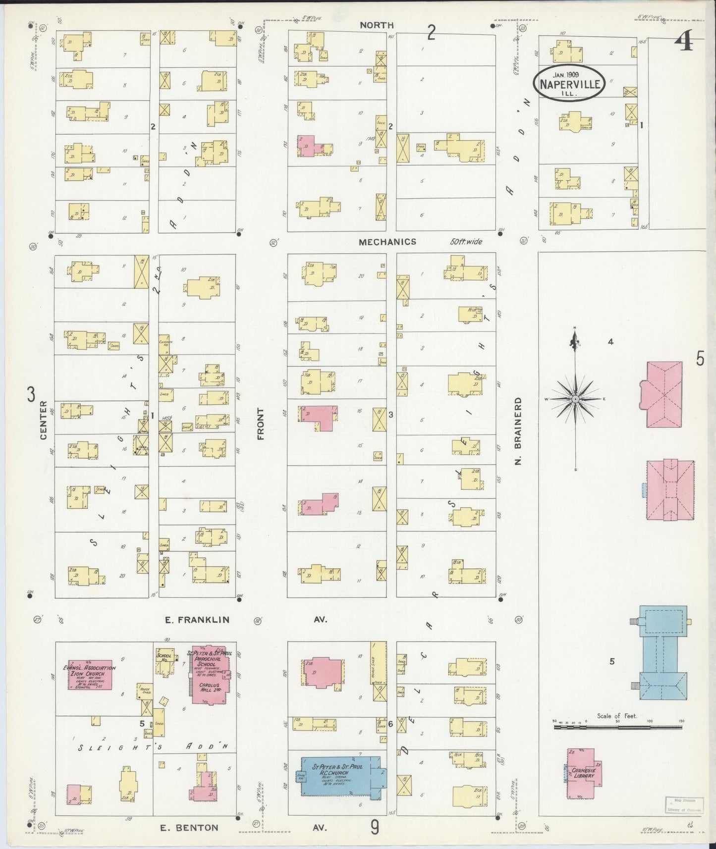 Sanborn Fire Insurance Map from Naperville, Du Page County, Illinois (1909), Sheet #0004 - Complete Map Set gallery image, historic Sanborn map, vintage wall art, Illinois Illinois