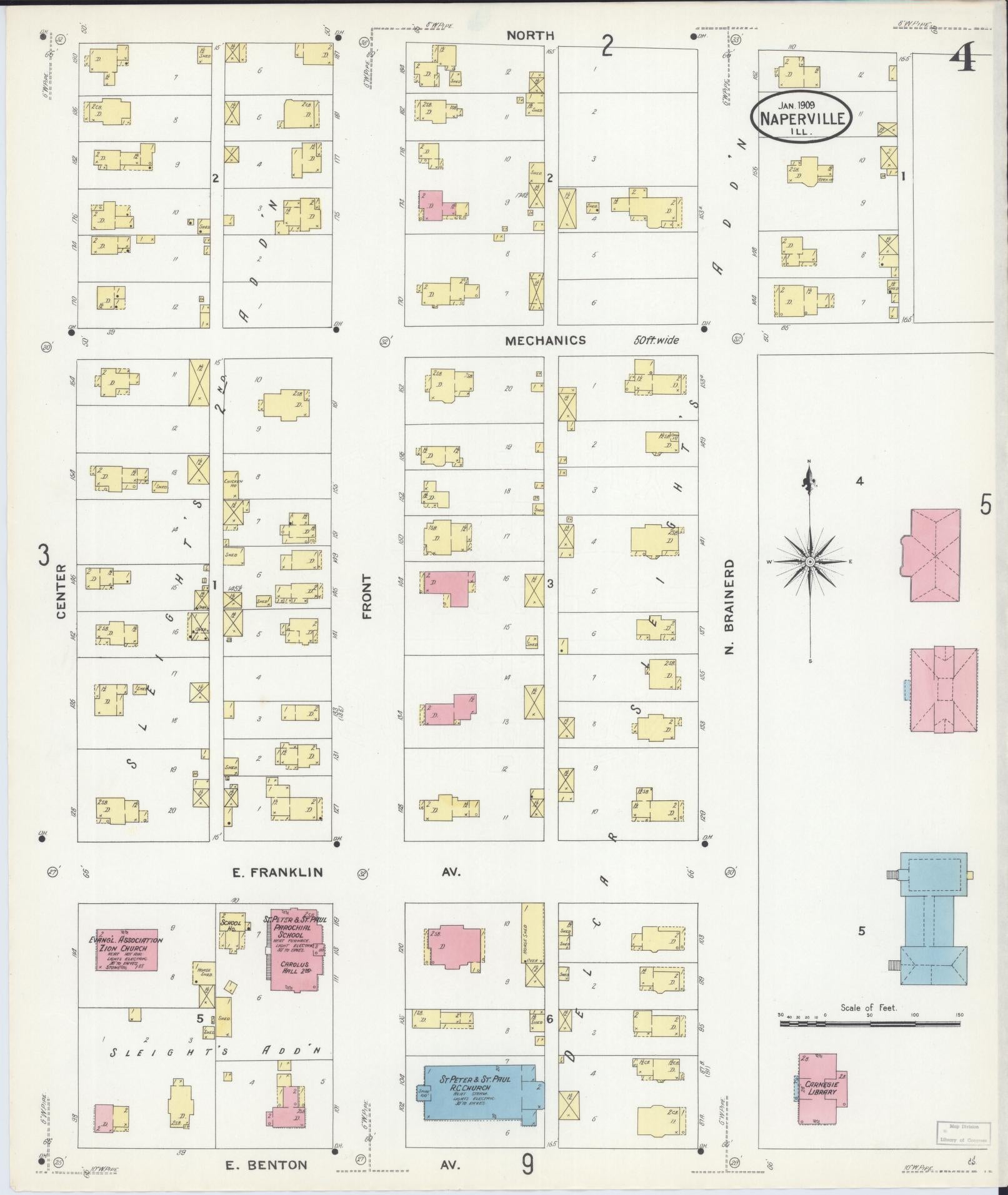 Sanborn Fire Insurance Map from Naperville, Du Page County, Illinois (1909), Sheet #0004 - Complete Map Set gallery image, historic Sanborn map, vintage wall art, Illinois Illinois