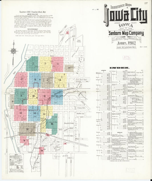 Sanborn Fire Insurance Map from Iowa City, Johnson County, Iowa (1912), Sheet #0001 - Historic Sanborn Fire Insurance Map Print, vintage old map wall art