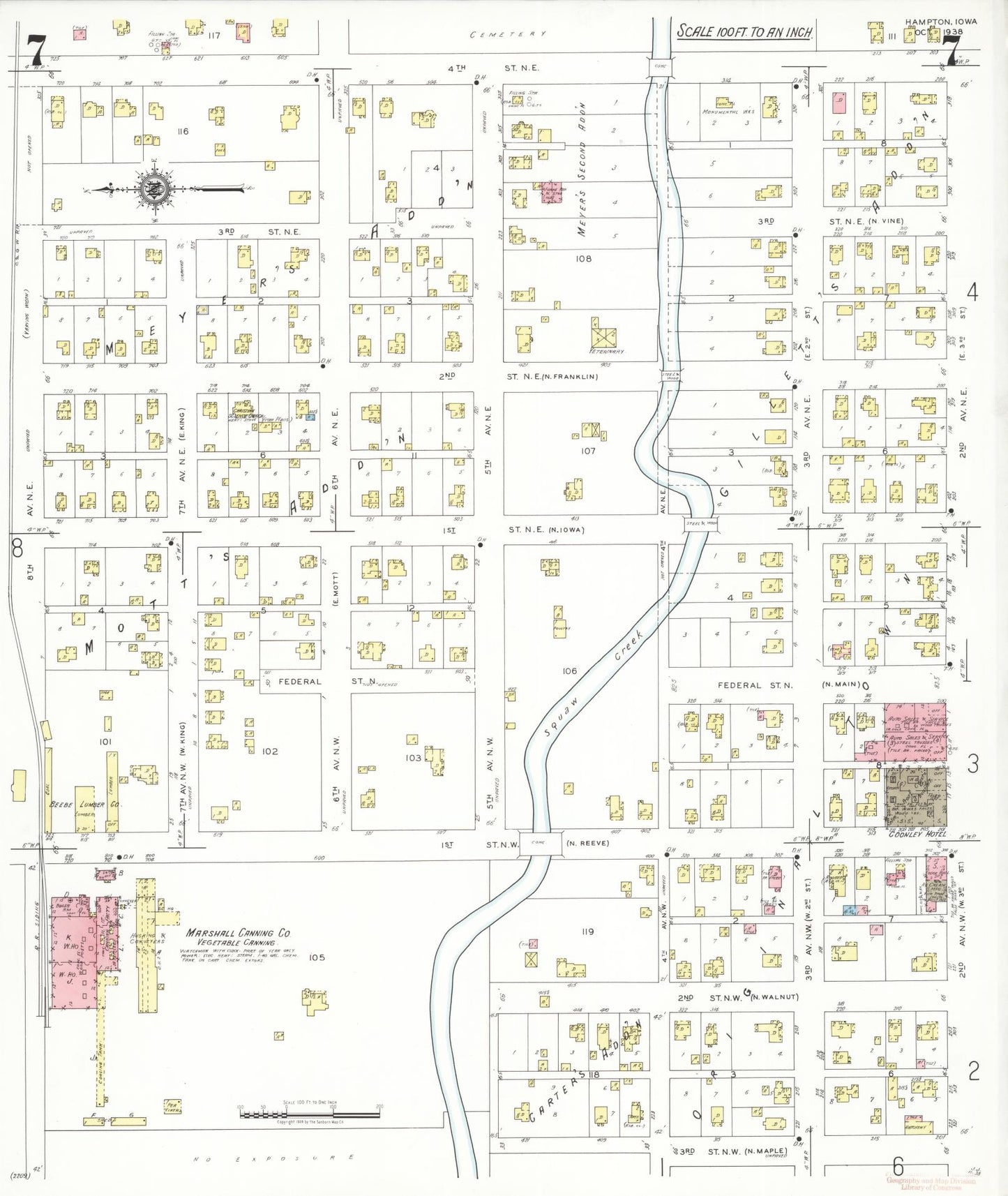 Sanborn Fire Insurance Map from Hampton, Franklin County, Iowa (1938), Sheet #0007 - Historic Sanborn Fire Insurance Map Print, vintage old map wall art