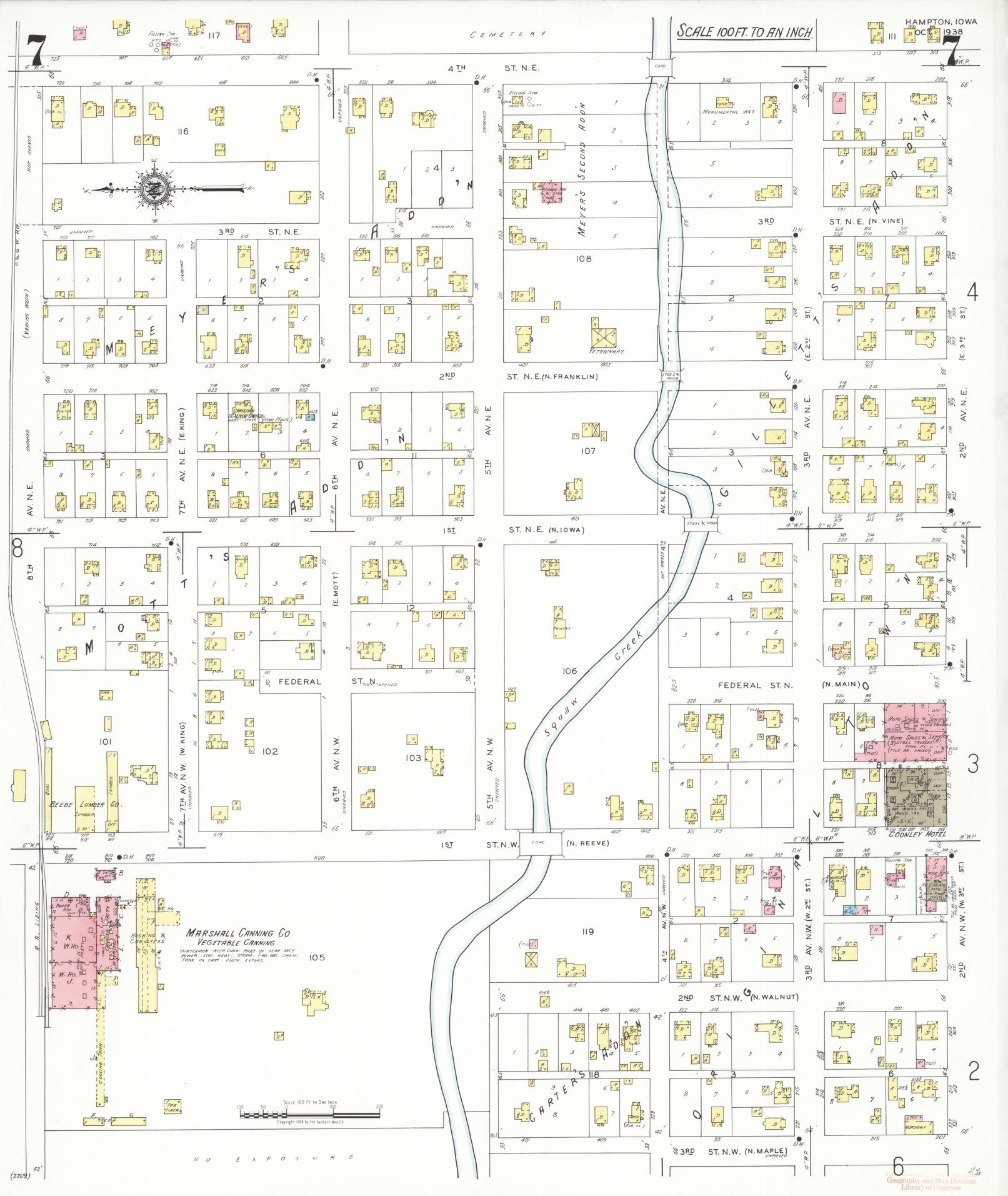 Sanborn Fire Insurance Map from Hampton, Franklin County, Iowa (1938), Sheet #0007 - Historic Sanborn Fire Insurance Map Print, vintage old map wall art