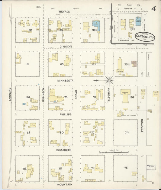 Sanborn Fire Insurance Map from Carson City, Carson City County, Nevada (1890), Sheet #0004 - Historic Sanborn Fire Insurance Map Print, vintage old map wall art, antique decor, genealogy gift, Nevada Nevada map