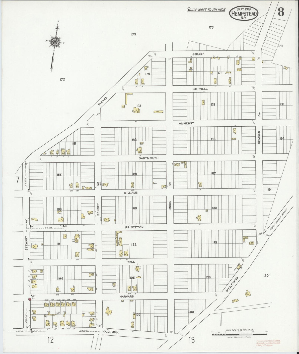 Sanborn Fire Insurance Map from Hempstead, Nassau County, New York (1919), Sheet #0008 - Complete Map Set gallery image, historic Sanborn map, vintage wall art, New York New York
