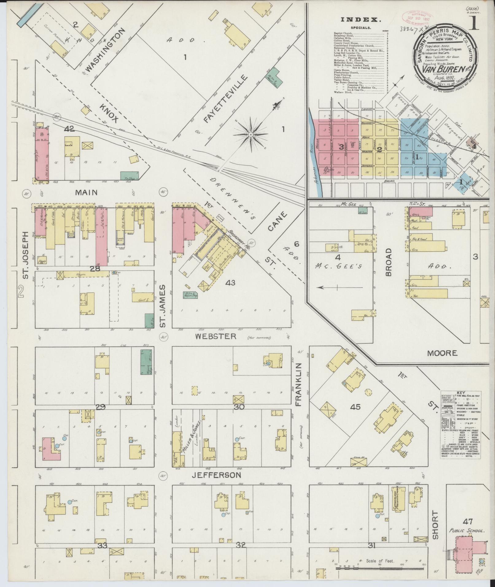 Sanborn Fire Insurance Map from Van Buren, Crawford County, Arkansas (1892), Sheet #0001 - Complete Map Set gallery image, historic Sanborn map, vintage wall art, Arkansas Arkansas