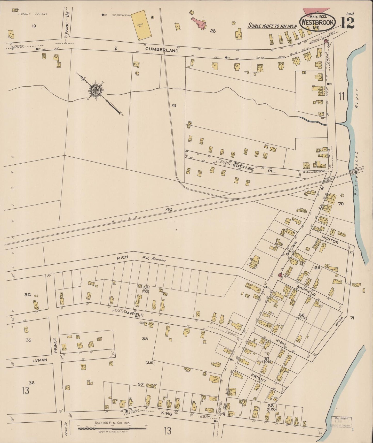 Sanborn Fire Insurance Map from Westbrook, Cumberland County, Maine (1922), Sheet #0012 - Complete Map Set gallery image, historic Sanborn map, vintage wall art, Maine Maine