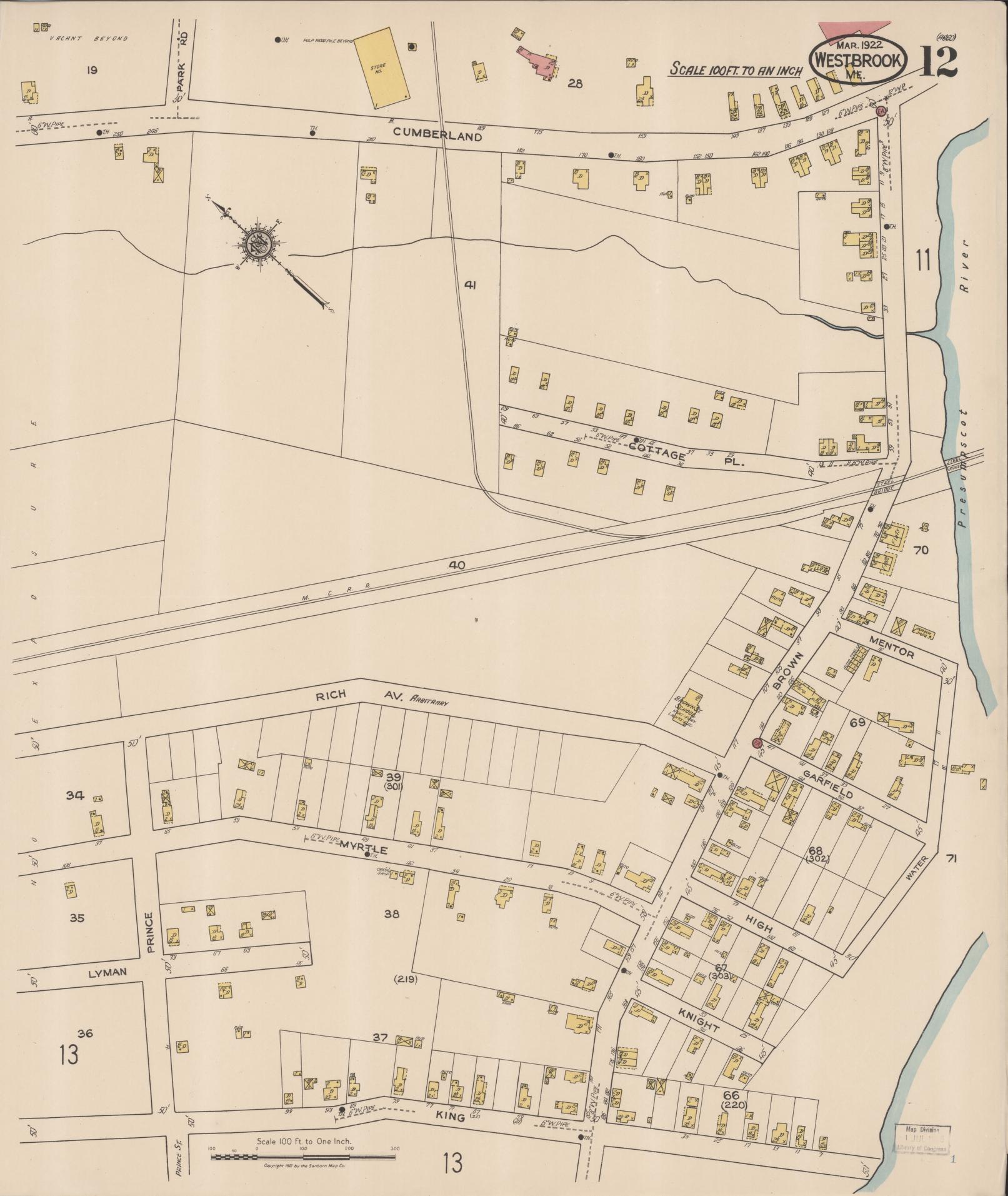 Sanborn Fire Insurance Map from Westbrook, Cumberland County, Maine (1922), Sheet #0012 - Complete Map Set gallery image, historic Sanborn map, vintage wall art, Maine Maine
