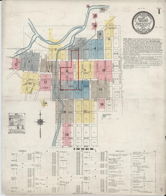 Sanborn Fire Insurance Map from Prescott, Yavapai County, Arizona (1910), Sheet #0001 - Historic Sanborn Fire Insurance Map Print, vintage old map wall art, antique decor, genealogy gift, Arizona Arizona map
