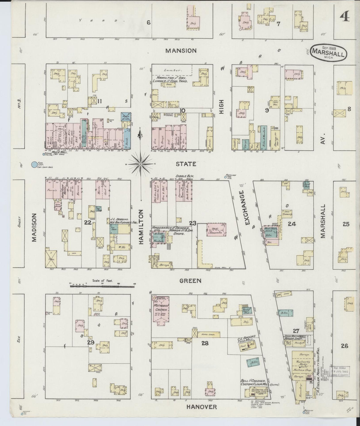 Sanborn Fire Insurance Map from Marshall, Calhoun County, Michigan (1888), Sheet #0004 - Historic Sanborn Fire Insurance Map Print, vintage old map wall art, antique decor, genealogy gift, Michigan Michigan map