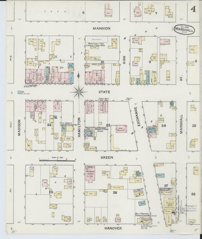Sanborn Fire Insurance Map from Marshall, Calhoun County, Michigan (1888), Sheet #0004 - Historic Sanborn Fire Insurance Map Print, vintage old map wall art, antique decor, genealogy gift, Michigan Michigan map