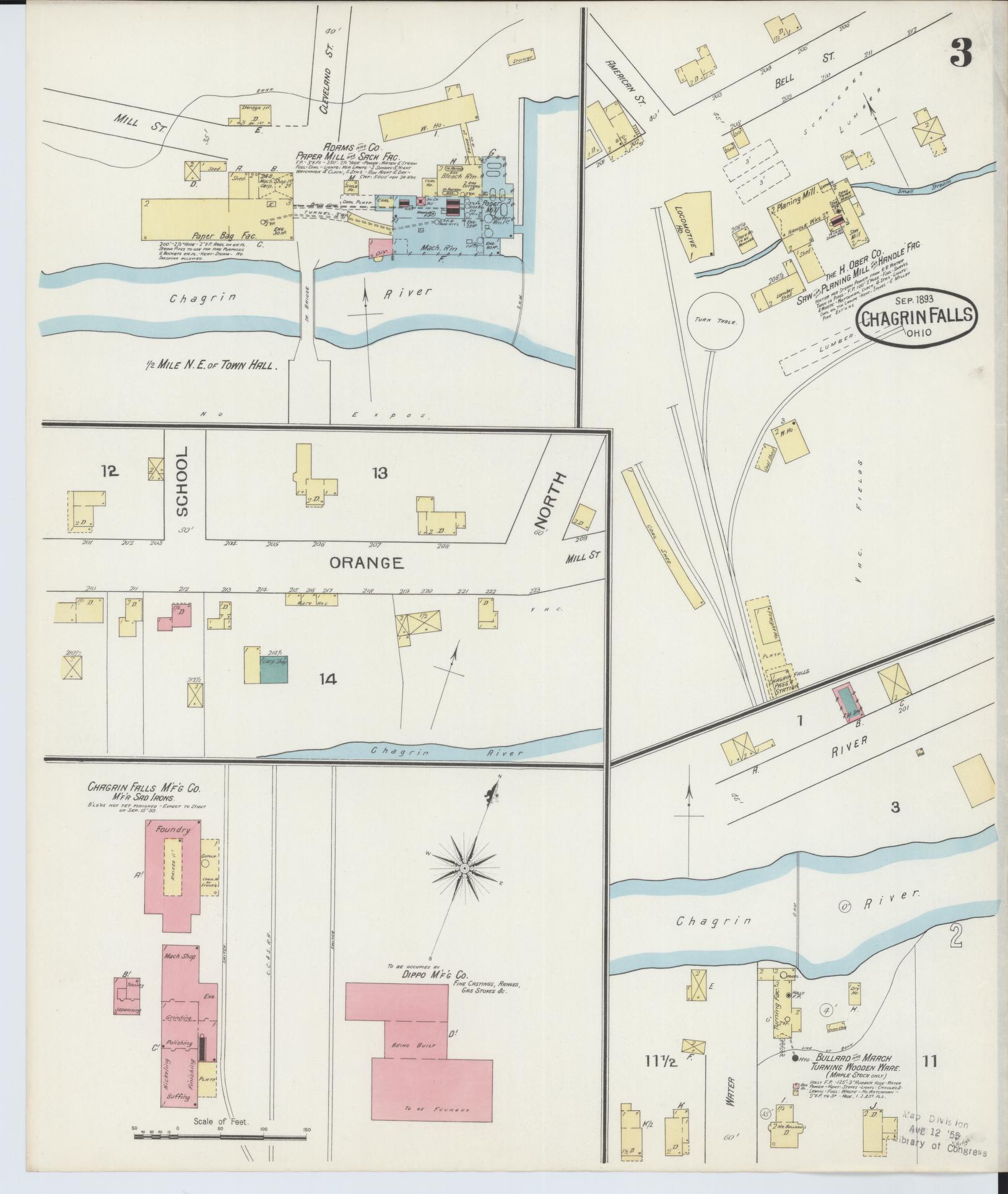 Sanborn Fire Insurance Map from Chagrin Falls, Cuyahoga County, Ohio (1893), Sheet #0003 - Historic Sanborn Fire Insurance Map Print, vintage old map wall art, antique decor, genealogy gift, Ohio Ohio map
