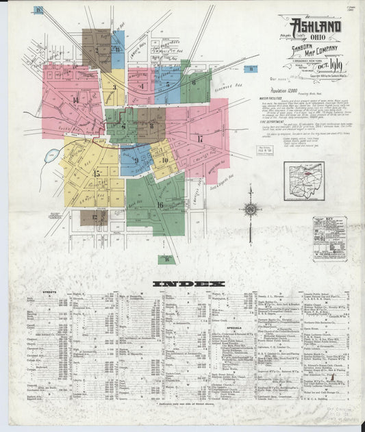Sanborn Fire Insurance Map from Ashland, Ashland County, Ohio (1919), Sheet #0001 - Historic Sanborn Fire Insurance Map Print, vintage old map wall art, antique decor, genealogy gift, Ohio Ohio map