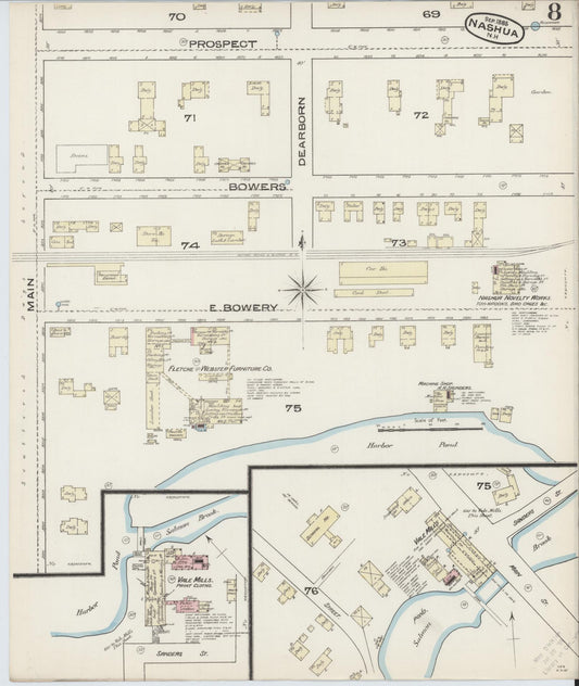 Sanborn Fire Insurance Map from Nashua, Hillsborough County, New Hampshire (1885), Sheet #0008 - Historic Sanborn Fire Insurance Map Print, vintage old map wall art, antique decor, genealogy gift, New Hampshire New Hampshire map