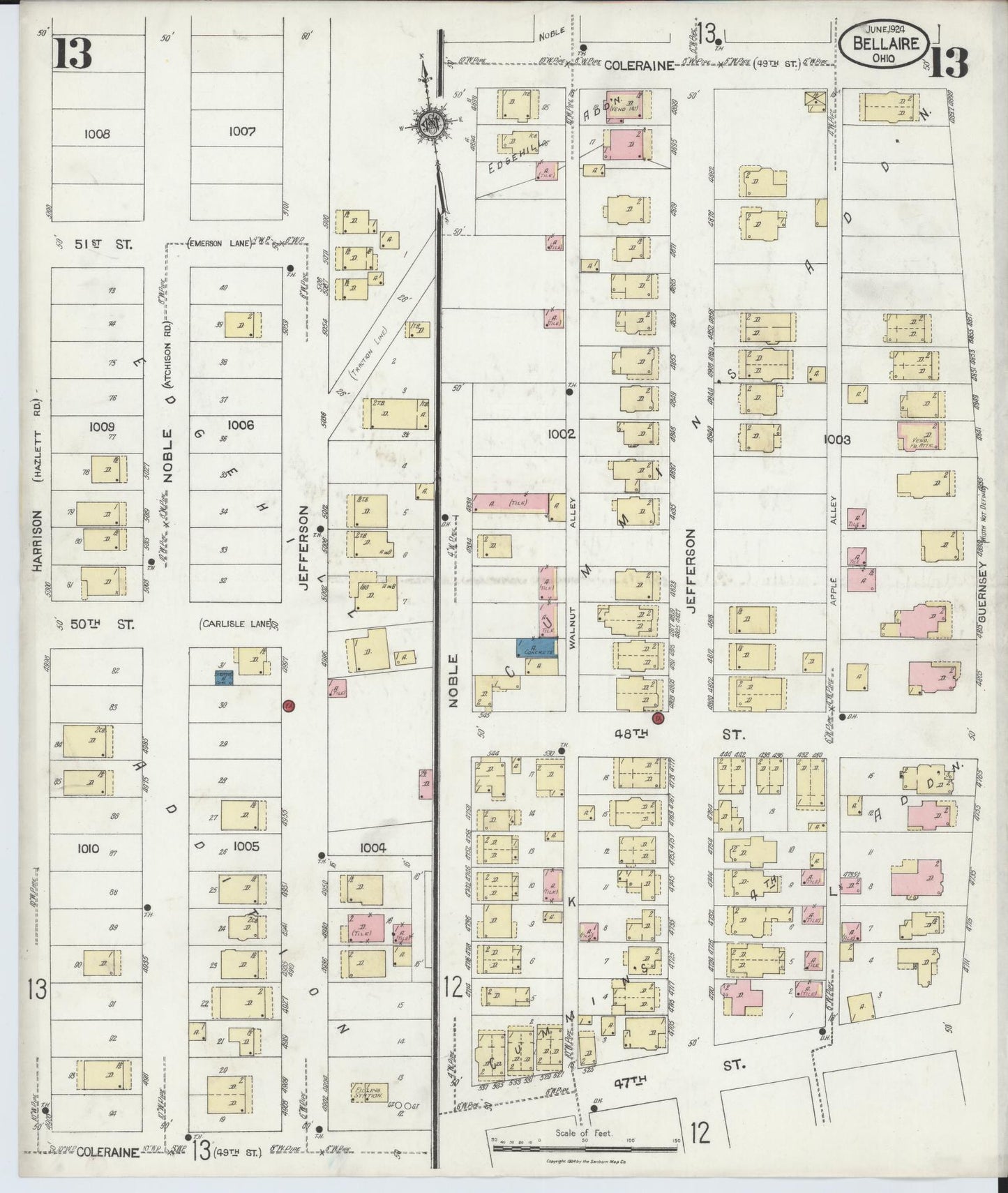 Sanborn Fire Insurance Map from Bellaire, Belmont County, Ohio (1924), Sheet #0013 - Historic Sanborn Fire Insurance Map Print, vintage old map wall art, antique decor, genealogy gift, Ohio Ohio map